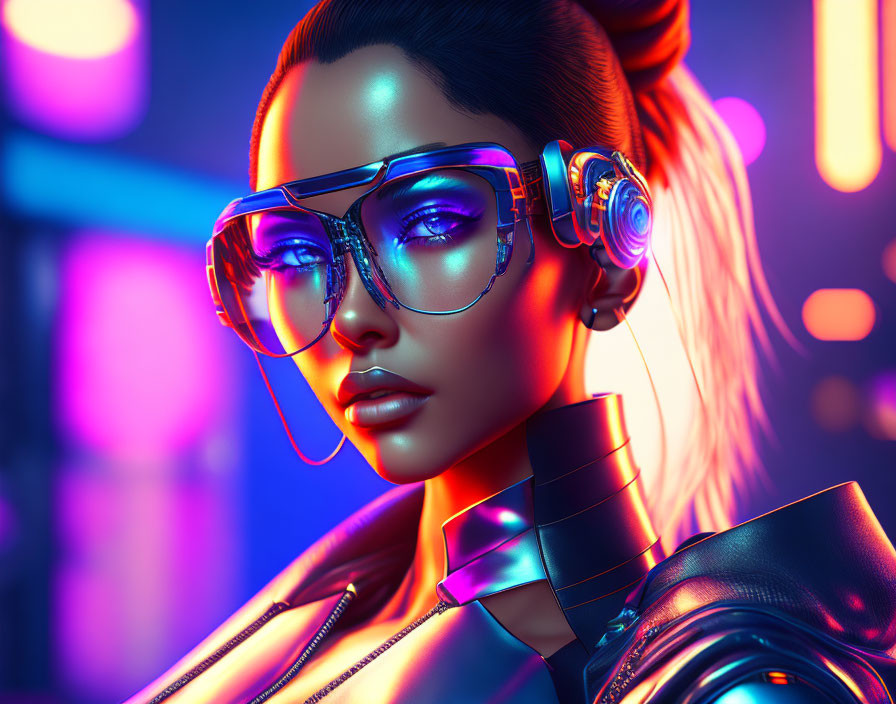 Futuristic Woman with Reflective Sunglasses and Cybernetic Enhancements