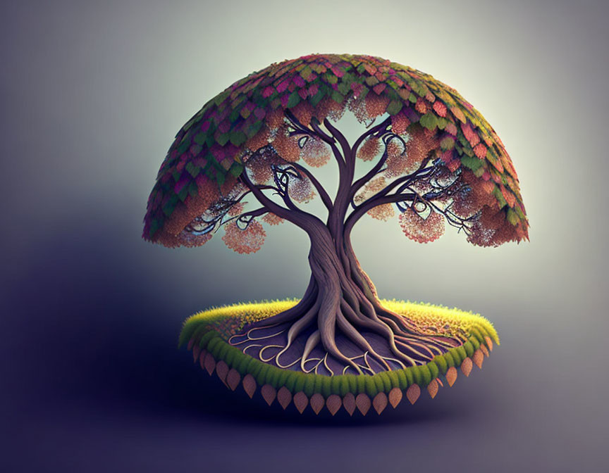 Colorful Tree Illustration on Floating Island with Roots - Detailed Artwork