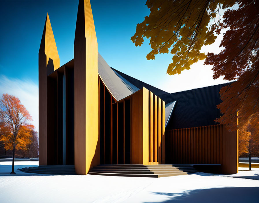 Sharp-Angled Modern Building with Gold-Brown Panels in Snowy Landscape