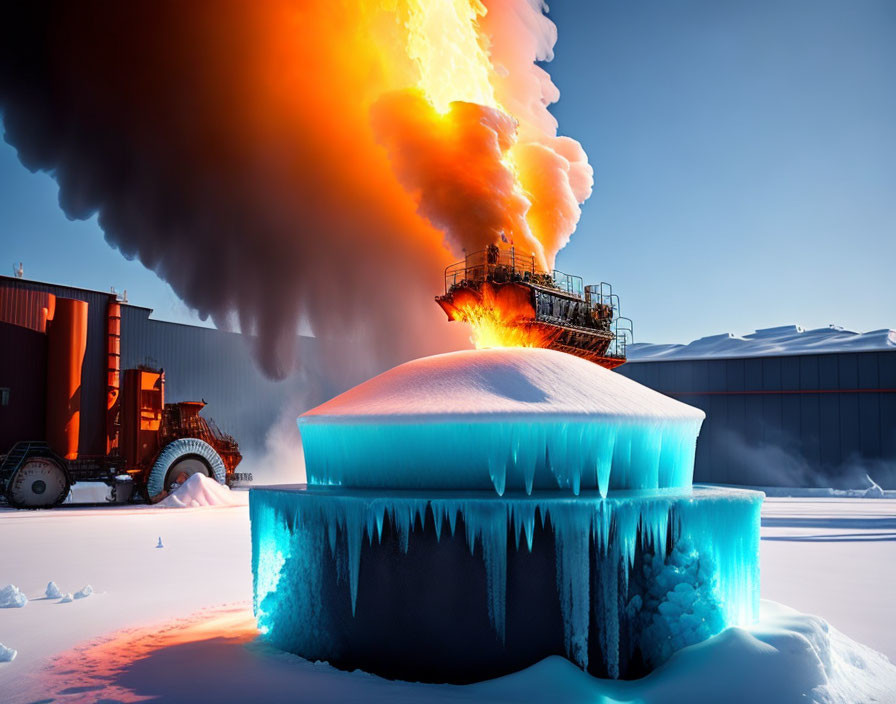 Industrial facility fire and smoke with icy structures in foreground