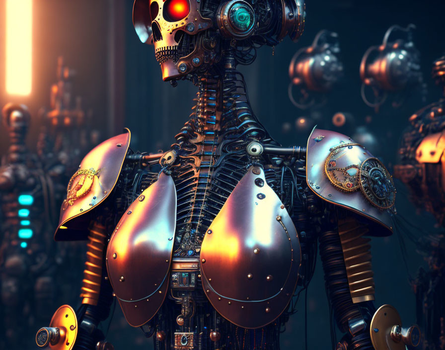 Intricate futuristic robot with polished metallic armor and glowing red eyes