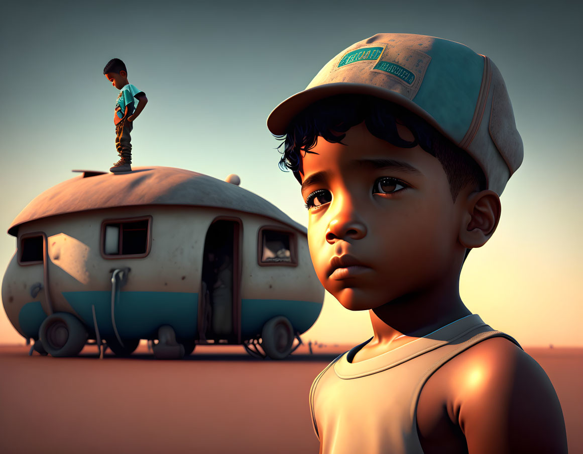 Digital Artwork: Close-Up of Serious Young Boy and Boy on Vintage Caravan at Sunset