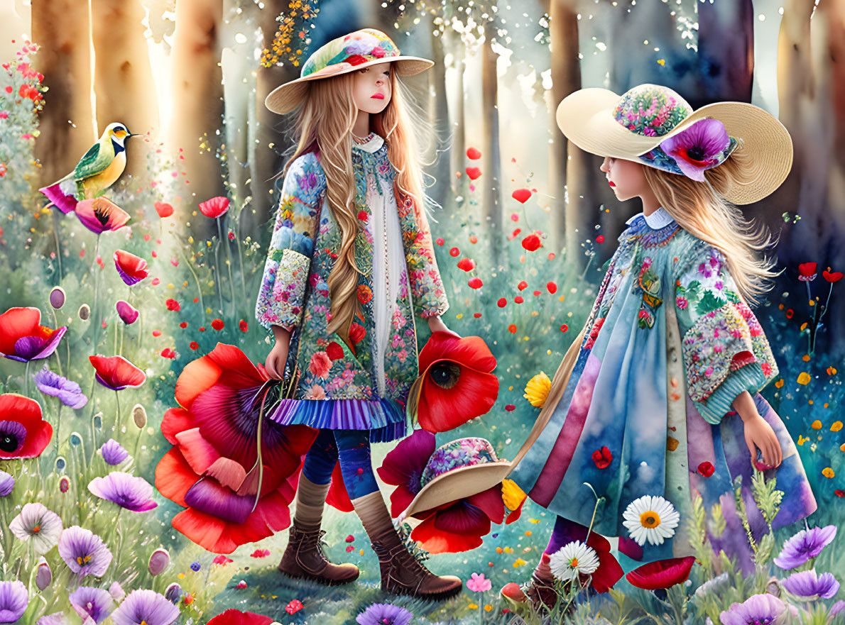 Two girls in floral dresses and wide-brimmed hats in vibrant forest setting