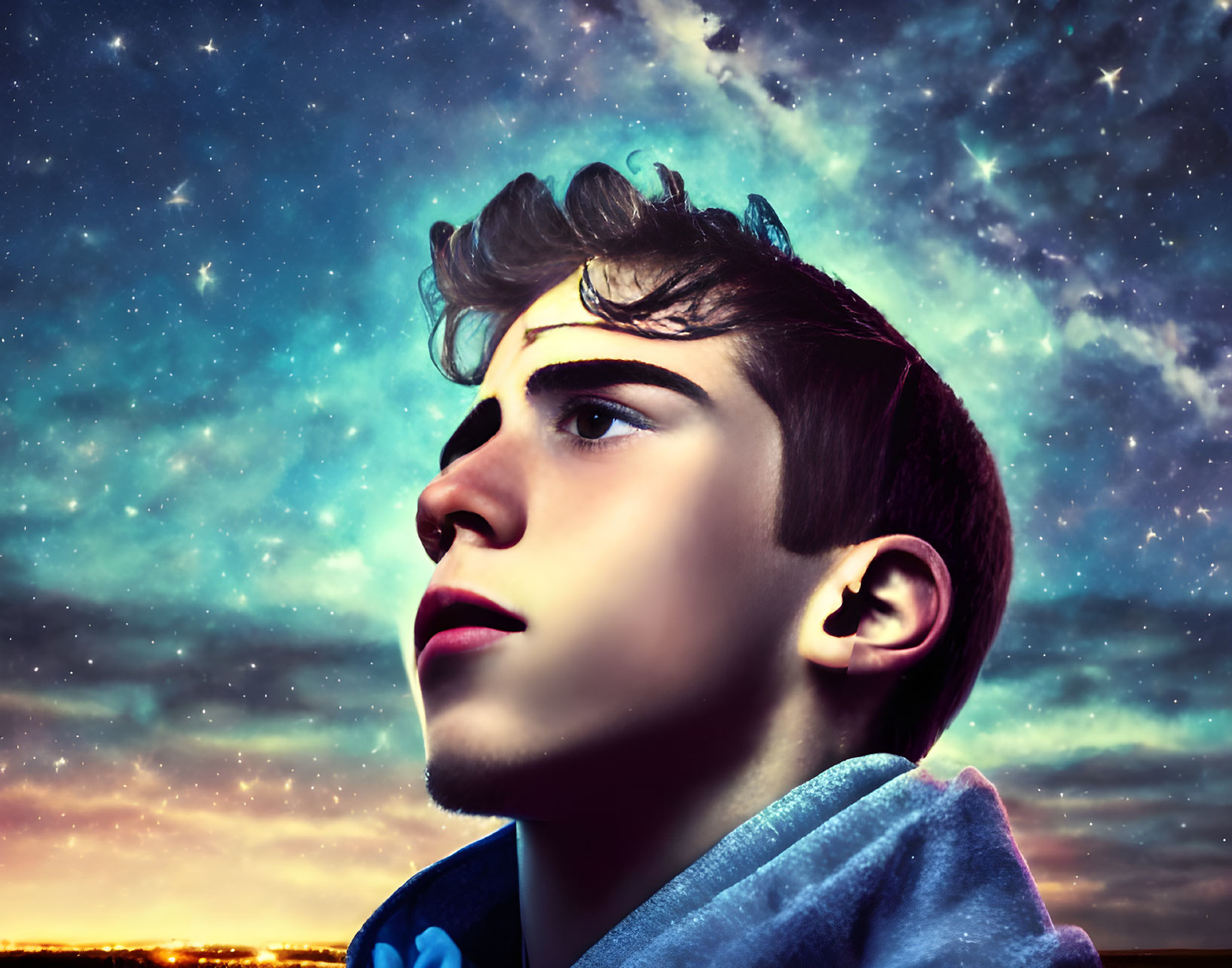 Profile of a contemplative young man with cosmic starry background at twilight