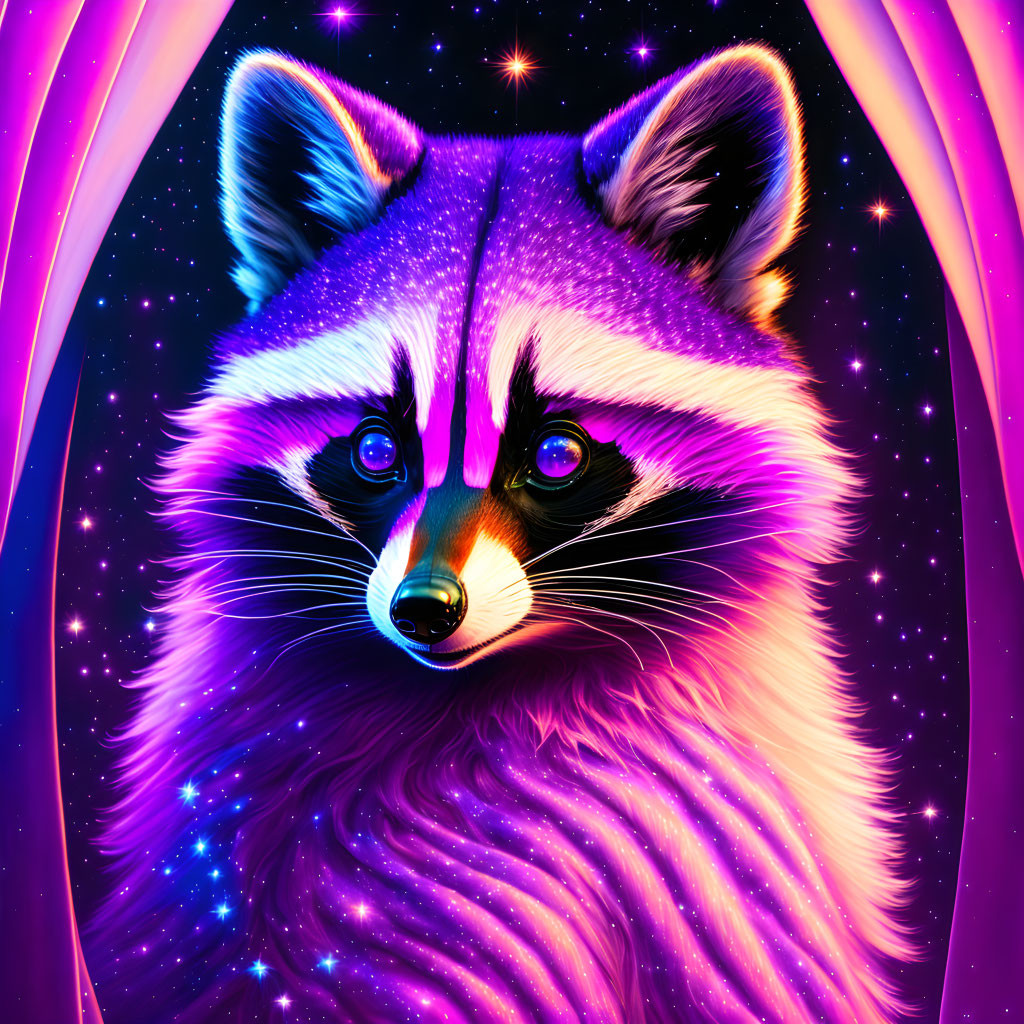 Colorful digital artwork: Cosmic raccoon with neon-lit backdrop