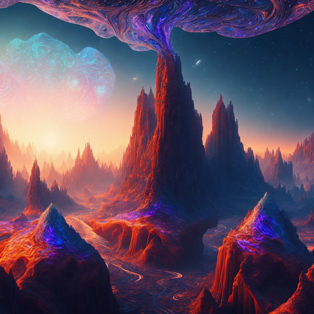 Alien landscape with towering rocks, galaxy, and radiant sunset