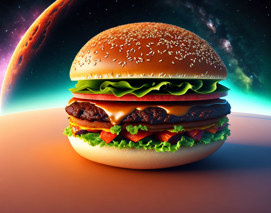 Cheeseburger with lettuce, tomato, and cheese on sesame seed bun in surreal space setting