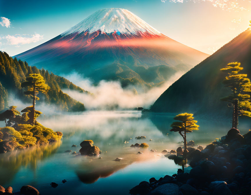 Tranquil sunrise view of Mount Fuji over misty lake