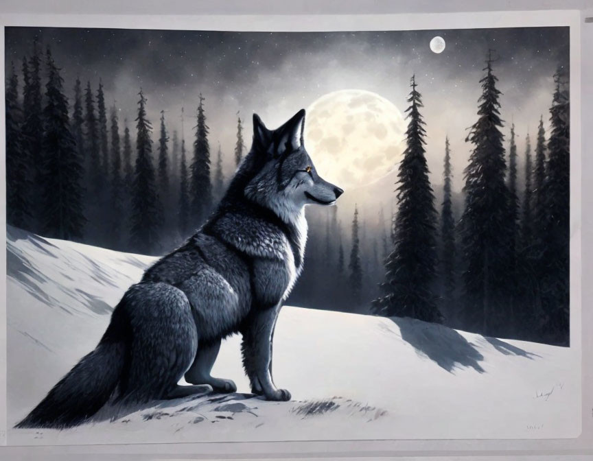 Wolf on Snowy Hill under Full Moon and Pine Trees