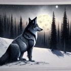 Wolf on Snowy Hill under Full Moon and Pine Trees