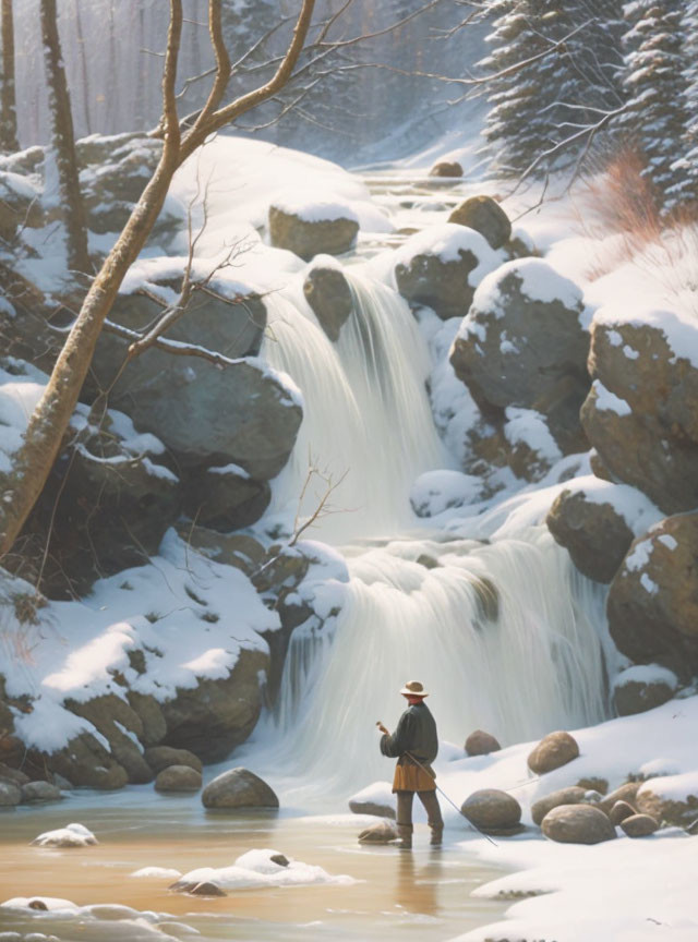 Person in hat fishing by snowy waterfall with rocks and trees under soft light