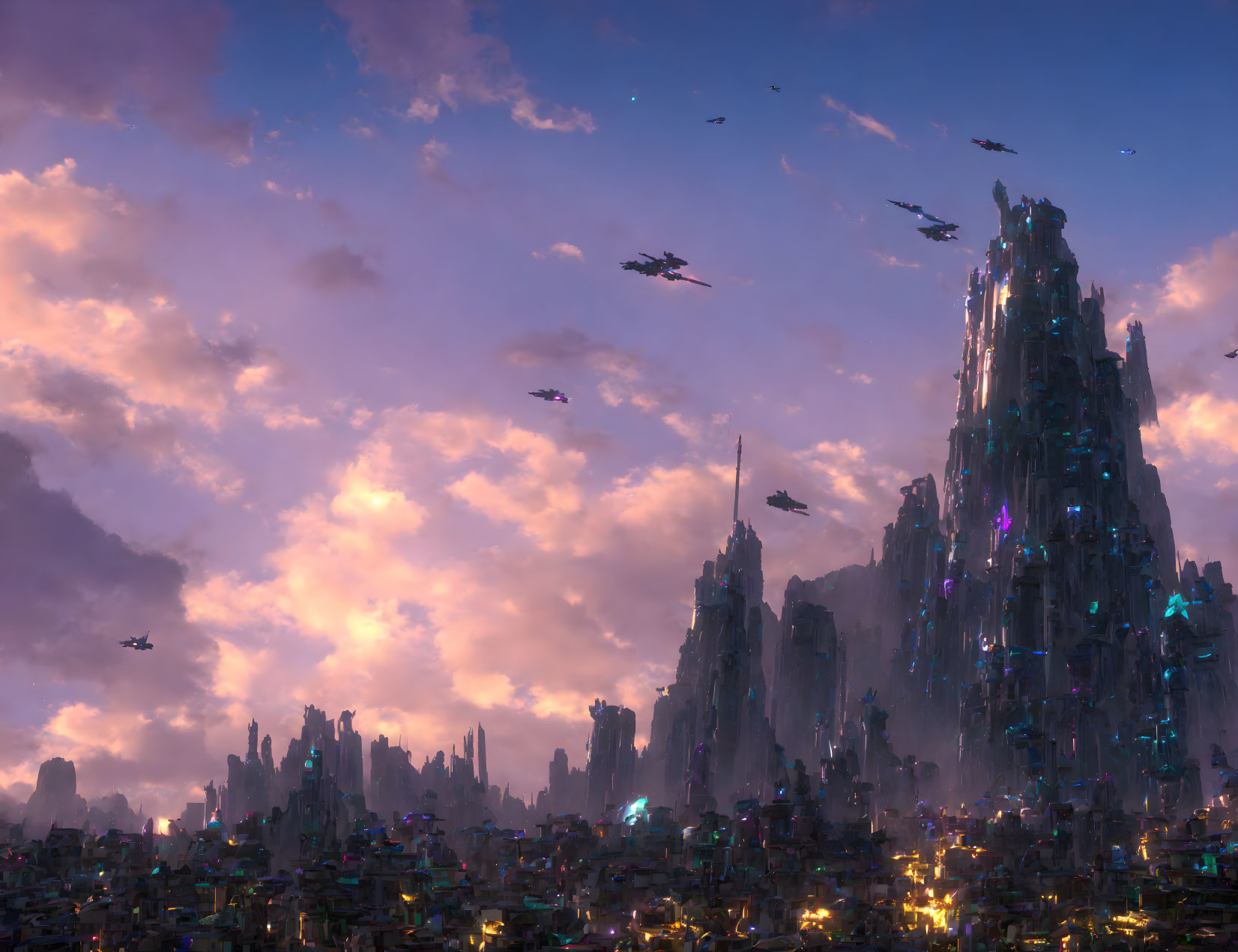 Futuristic cityscape with towering spires and flying vehicles at dusk