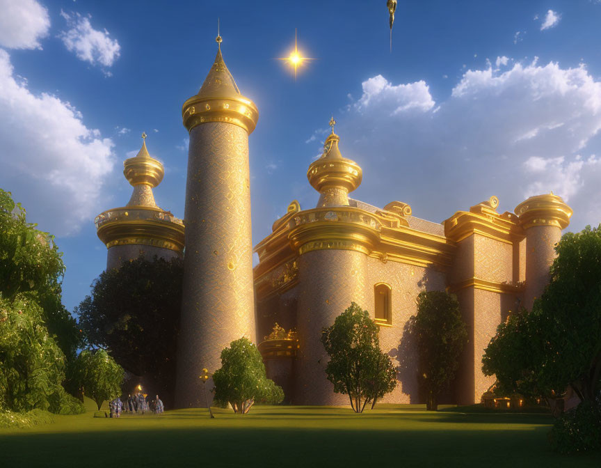 Majestic fairytale castle with golden towers amid lush gardens and comet in clear blue sky