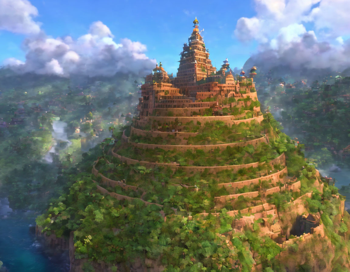 Mystical terraced city with grand palace atop lush hilltop