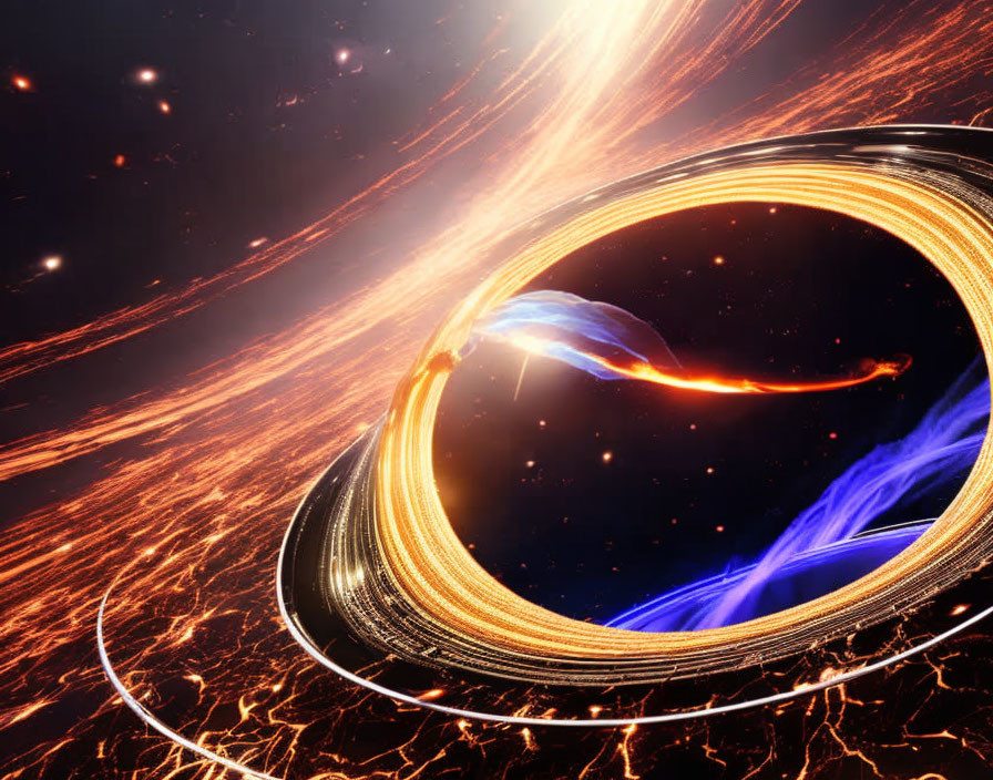 Digital Artwork: Black Hole Absorbing Matter in Swirling Orange and Blue Energy