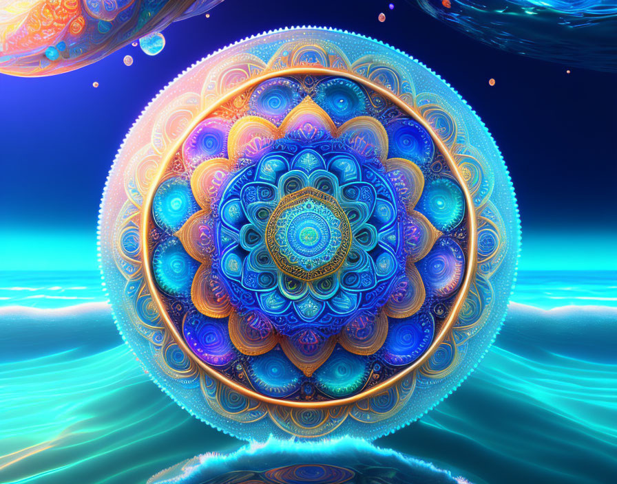 Intricate blue and orange mandala above serene water surface