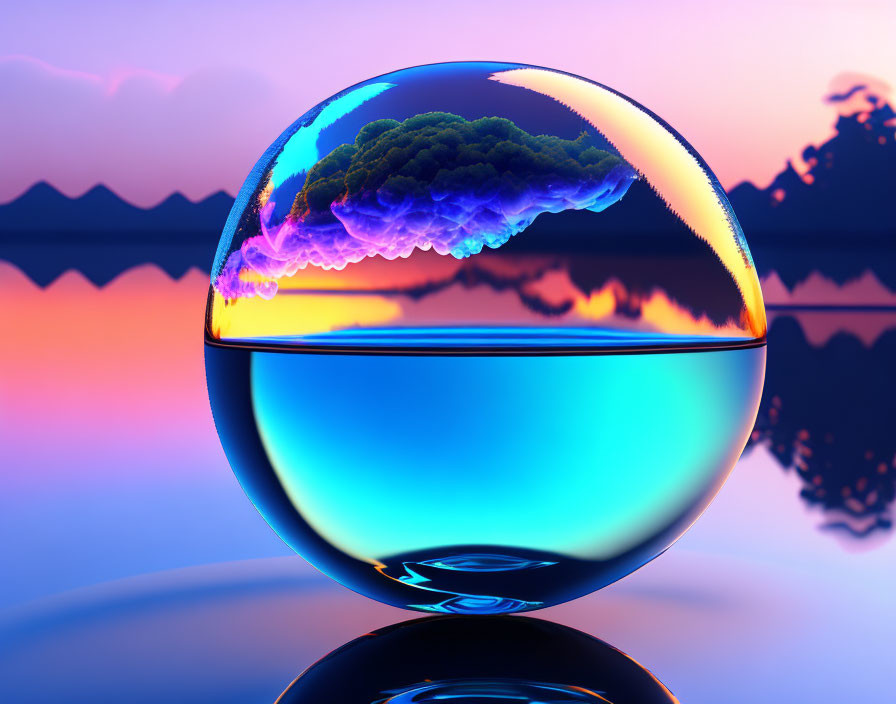 Colorful crystal ball reflects surreal landscape with vibrant tree against purple sunset.