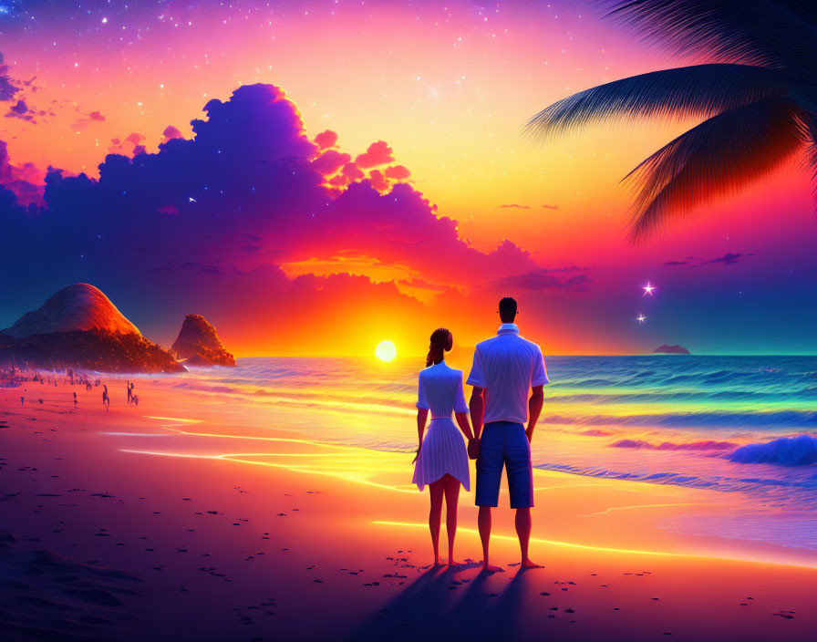 Romantic couple holding hands on beach at sunset with colorful sky and palm tree silhouettes