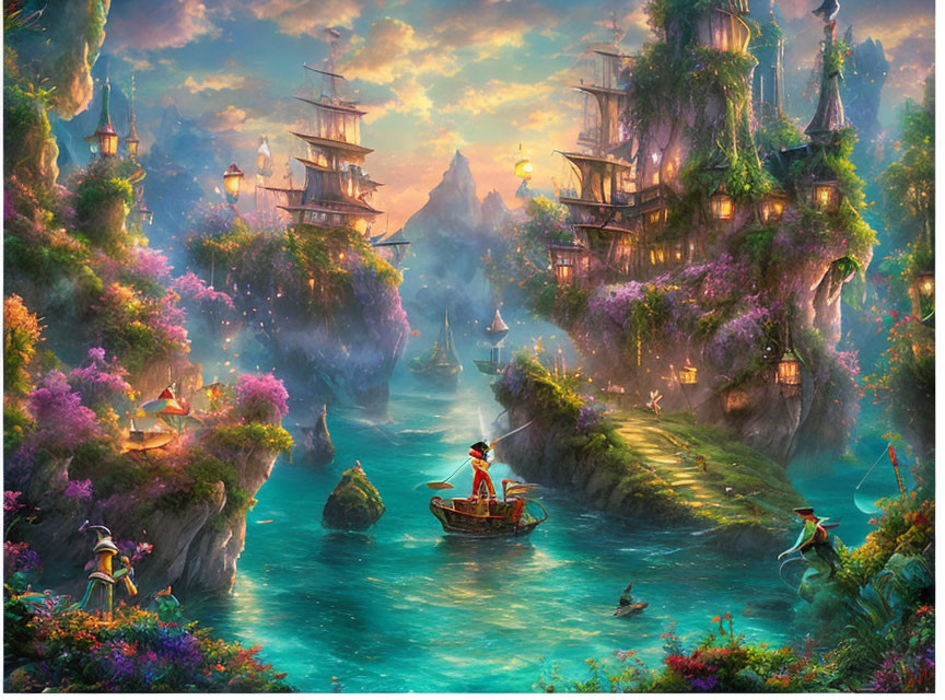 Colorful fantasy landscape with rowboat, luminous river, flowering trees, lanterns, majestic ships