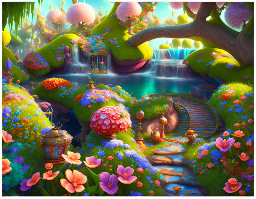 Colorful Fantasy Garden with Flowers, Waterfalls, Mushroom House, and Whimsical Trees