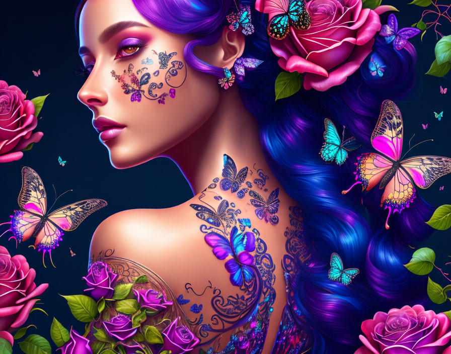 Colorful digital artwork of a woman with blue hair, rose and butterfly adornments.