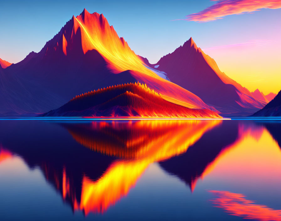 Tranquil mountain landscape with orange and purple sunset hues reflected in still lake