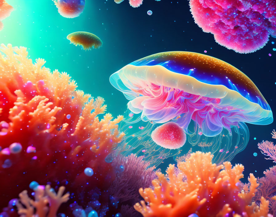 Colorful Underwater Scene with Glowing Jellyfish and Corals