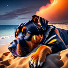 Digital artwork of dog on sandy terrain under surreal galactic sky