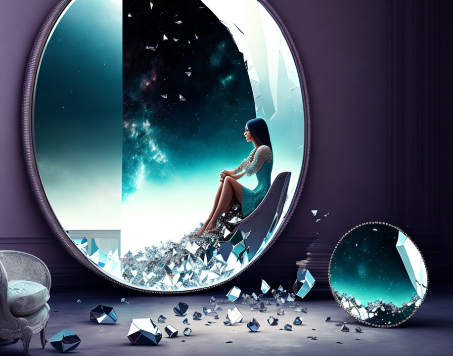 Woman sitting by shattered round portal in dark room with starry sky view