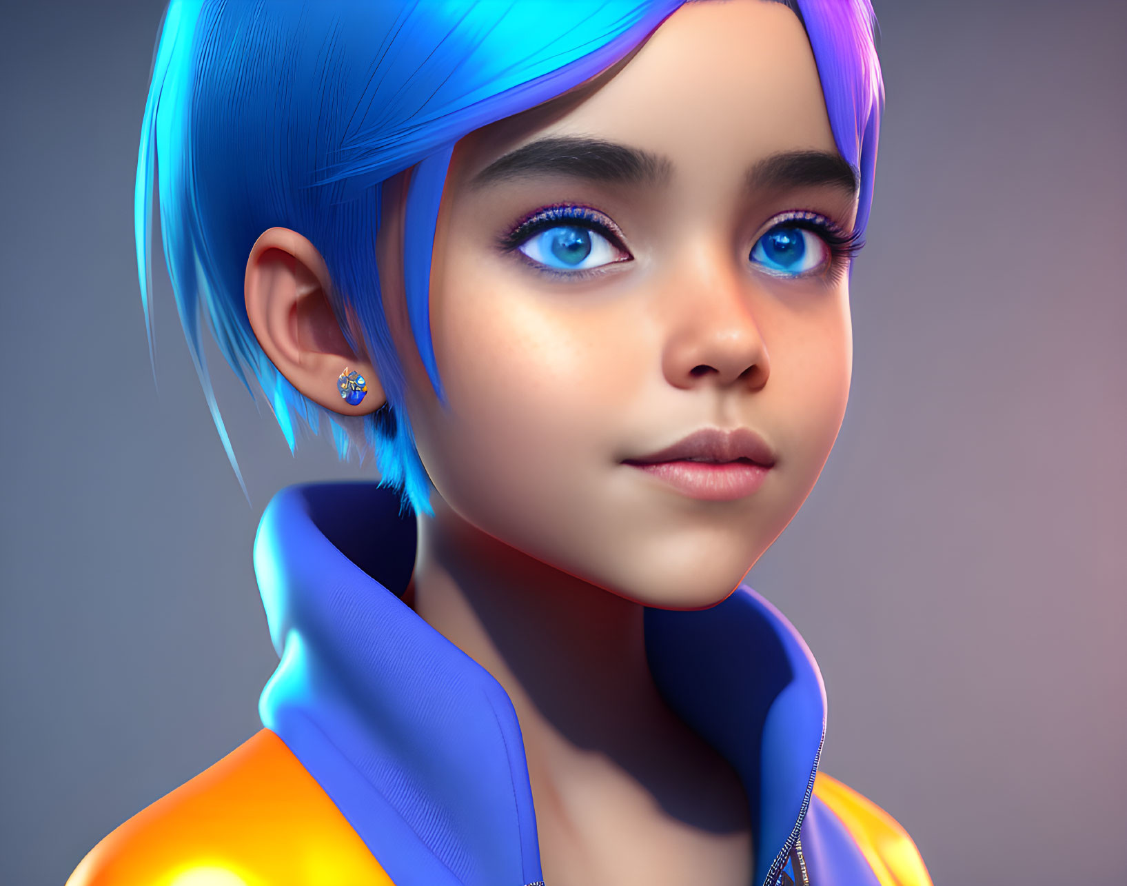 Vibrant digital art: person with blue hair, blue eyes, and colorful hoodie in cyberpunk