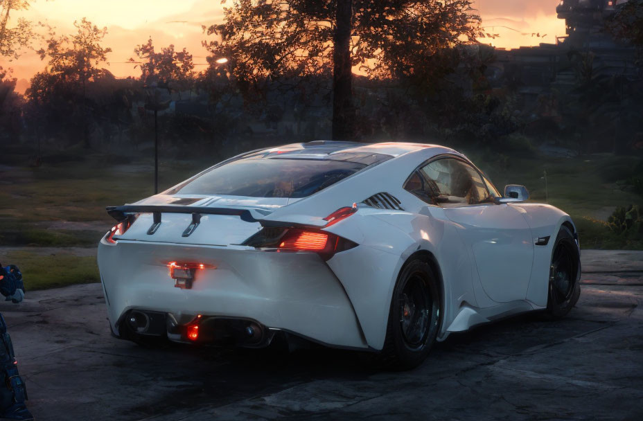 White Sports Car at Sunset with Ancient Ruins in Background