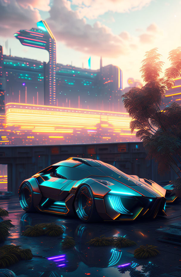 Futuristic car with neon lights in cyberpunk cityscape at sunset