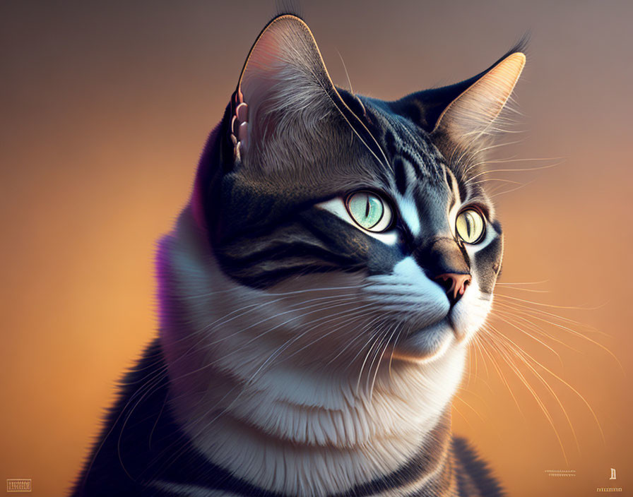 Detailed Digital Artwork of Tabby Cat with Green Eyes on Gradient Background