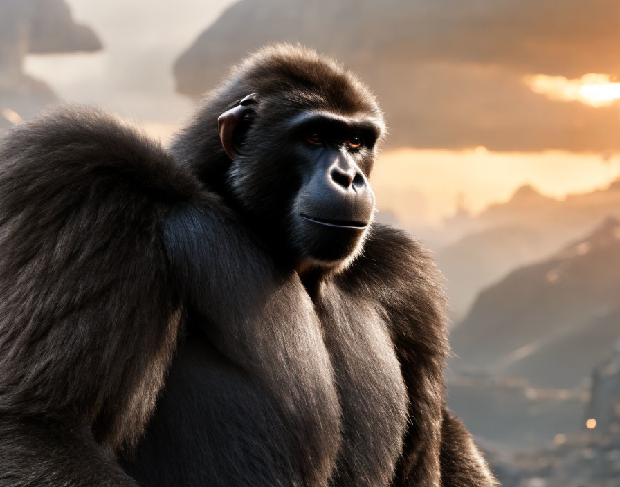 Gorilla sitting against misty mountains at sunrise