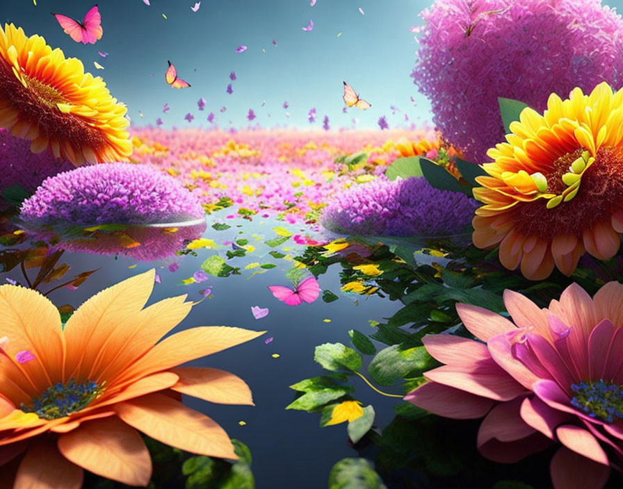 Colorful Floral Landscape with Daisies, Alliums, and Butterflies Reflected in Water