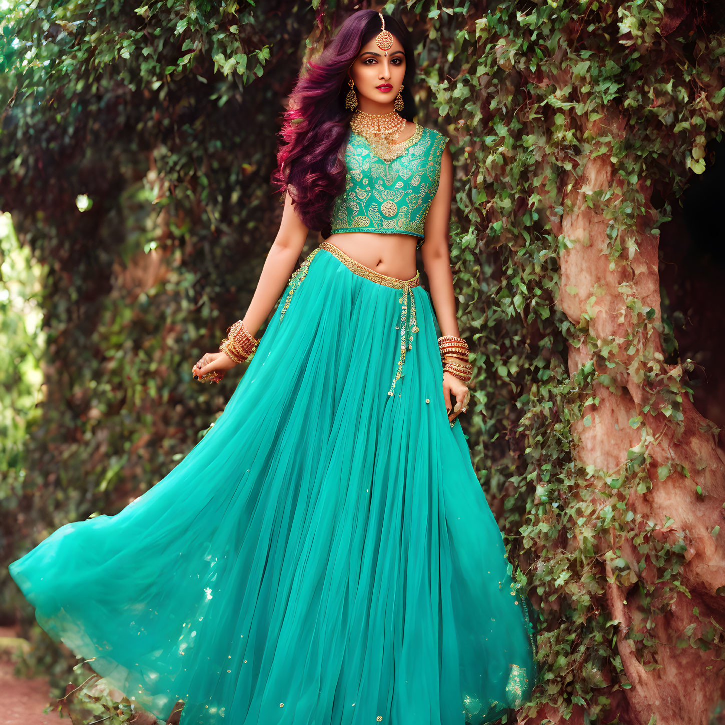 Vibrant teal lehenga with gold jewelry against lush greenery