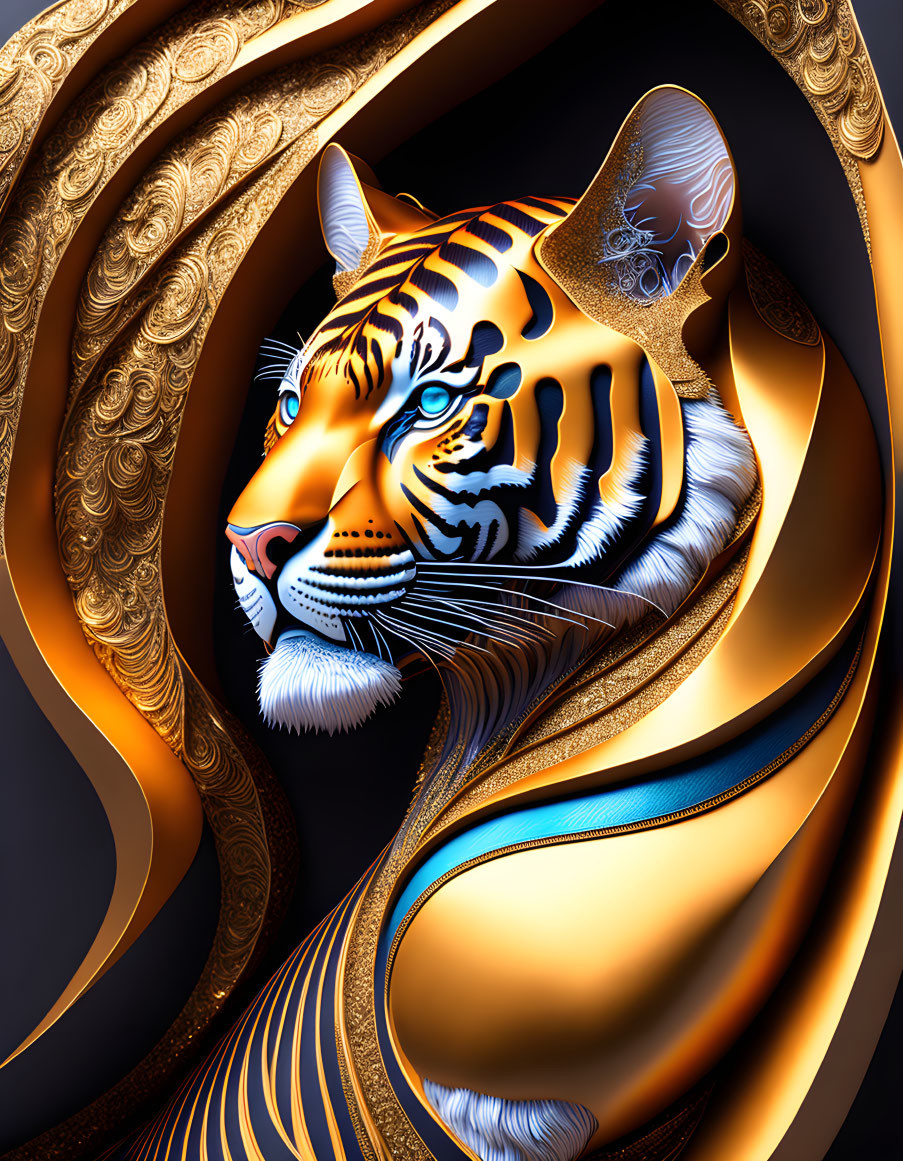 Stylized tiger digital artwork with golden patterns on dark background