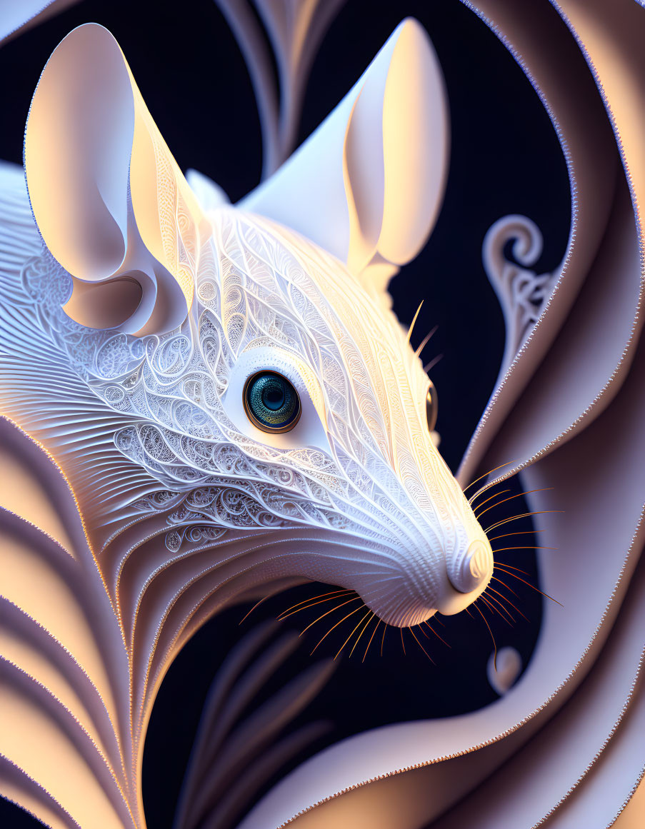 Detailed digital art of a white mouse with intricate fur patterns and a bright blue eye, surrounded by swirling