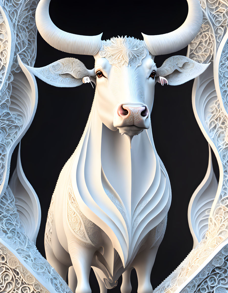 Detailed White Bull Artwork with Lace Patterns on Dark Background