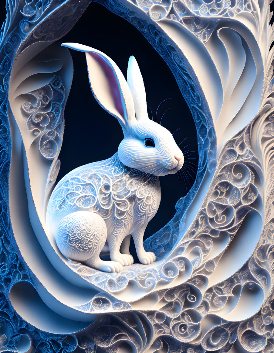 Stylized white rabbit with ornate patterns in blue and white frame