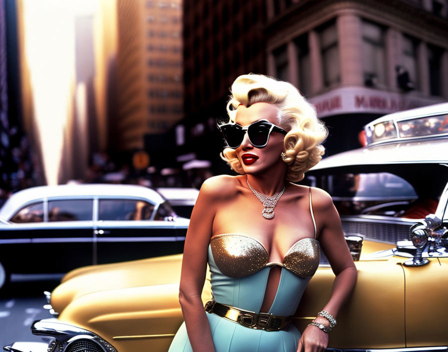 Vintage image of woman in blue dress with yellow car on street