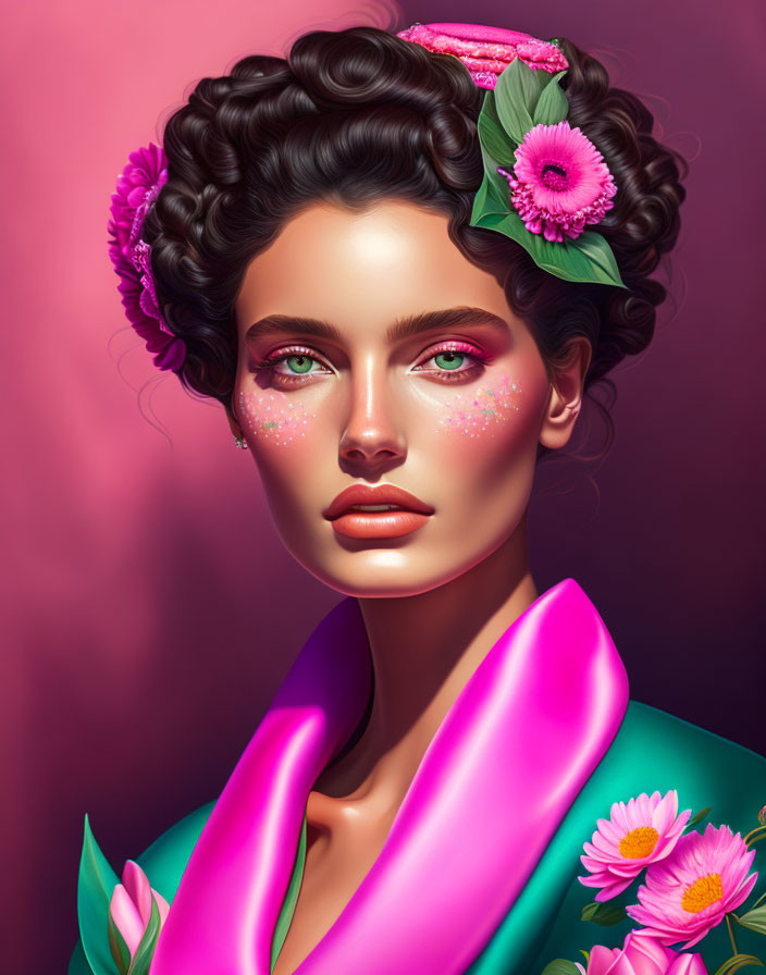 Dark Curly Hair Woman Portrait with Pink Flowers and Sparkling Makeup in Bright Pink Floral Coat