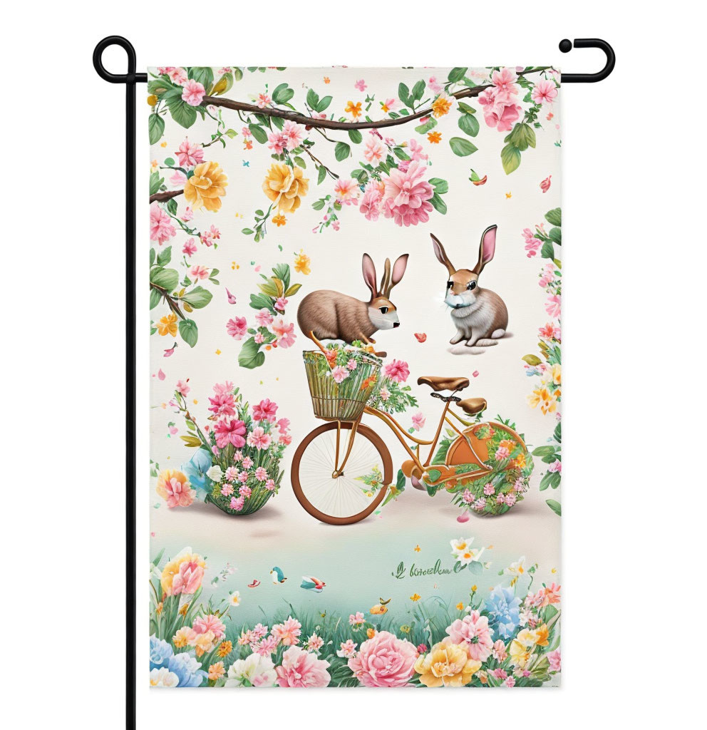 Colorful Cartoon Rabbits Garden Flag with Bicycle and Flowers