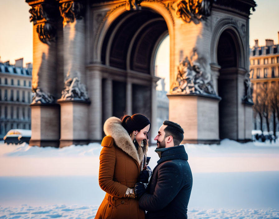 Romantic couple embraces at Arc de Triomphe in snowy Paris daylight