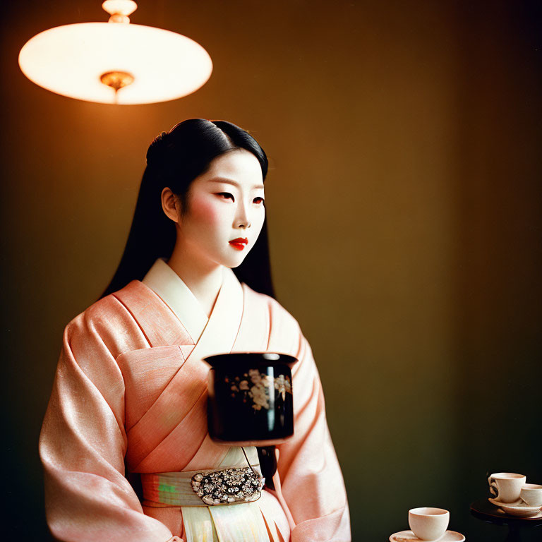 Traditional Japanese Kimono Woman with Tea Set in Soft Lighting