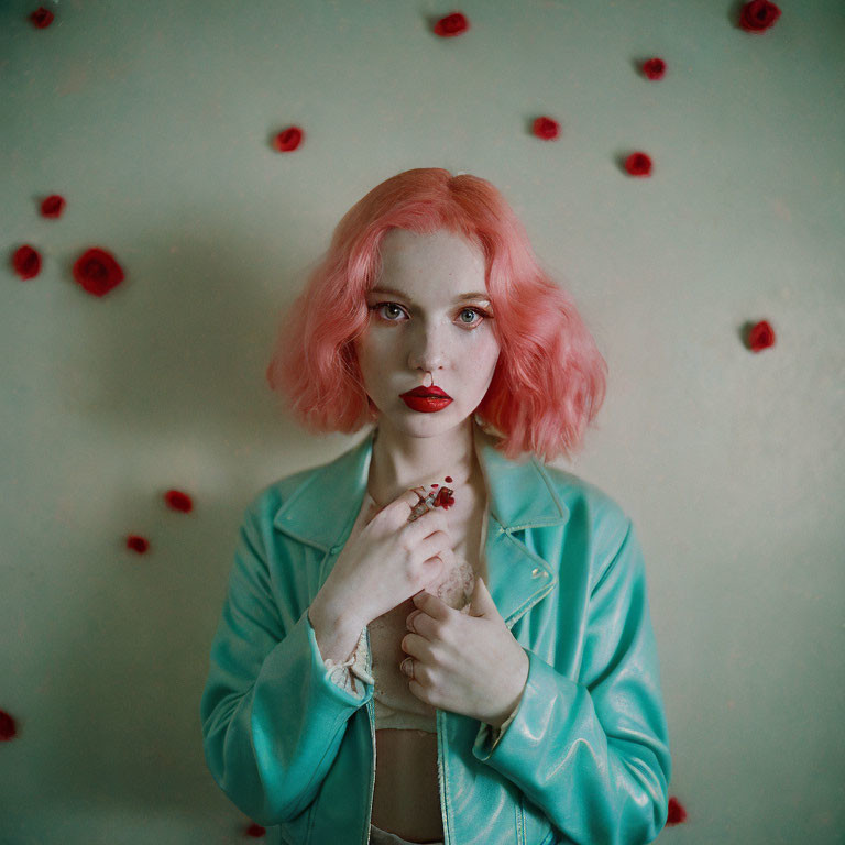 Pink-haired woman in teal jacket by wall with red flowers