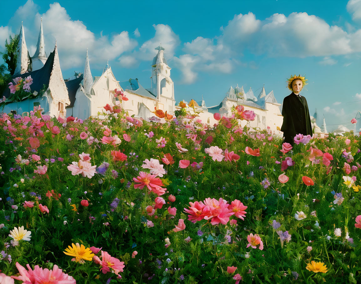 Person with tousled hair in vibrant flower field near fairy-tale castle