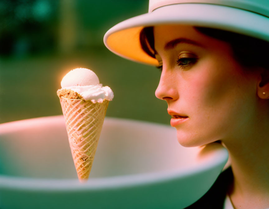 Woman in White Hat Admiring Large Ice Cream Cone on Colorful Background