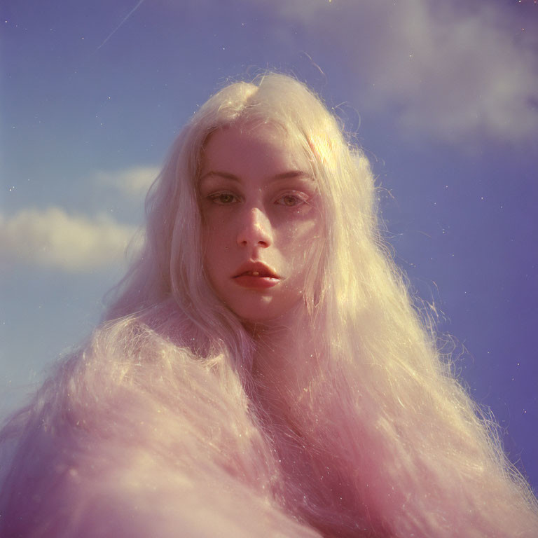 Person with Long Wavy White Hair and Fair Skin Against Blue Sky