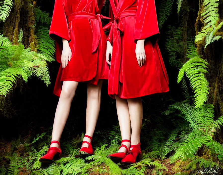 Pair in Red Robes & Shoes in Green Ferns